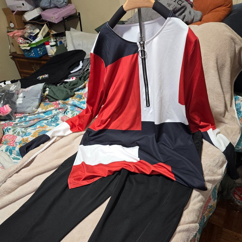 Stunning New Red/Black/White Top with Black Pants Set  Sz2XL